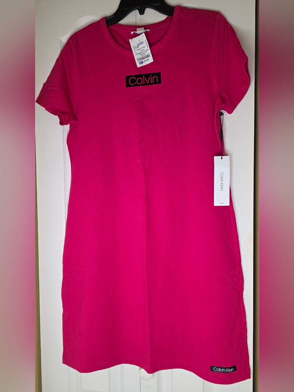 Calvin Klein Women's Pink Solid Logo Round Neck Short Sleeve T-Shirt Dress M